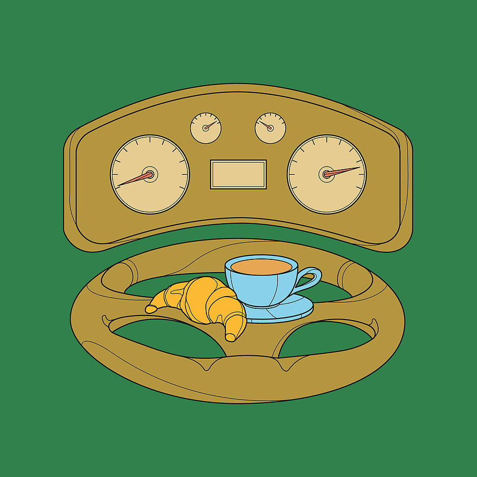 Illustration eines Steuerrads, auf dem eine Tasse Kaffee und ein Croissant liegen