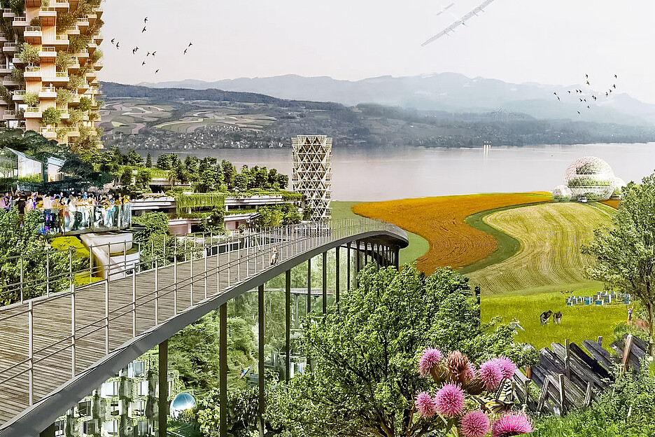 Mit einem Treibhausgasmanagement können Firmen den Weg zur Emissionsreduktion bestimmen (im Bild eine Collage von Monica Ursina Jäger aus der Ausstellung «Zwischenhalt Zukunft» auf dem ZHAW-Gelände in Wädenswil; Bild: Unsplash/Bart Giepmans).