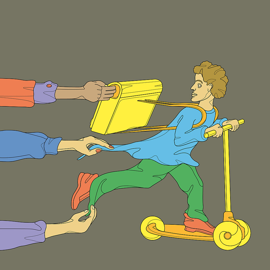 Illustration eines Kindes auf einem Scooter, drei Arme versuchen das Kind zurückzuhalten